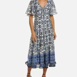 NWT TAYLOR Blue White Jacquard Print Flutter Sleeve Cut-Out Tie Knot Midi Dress,